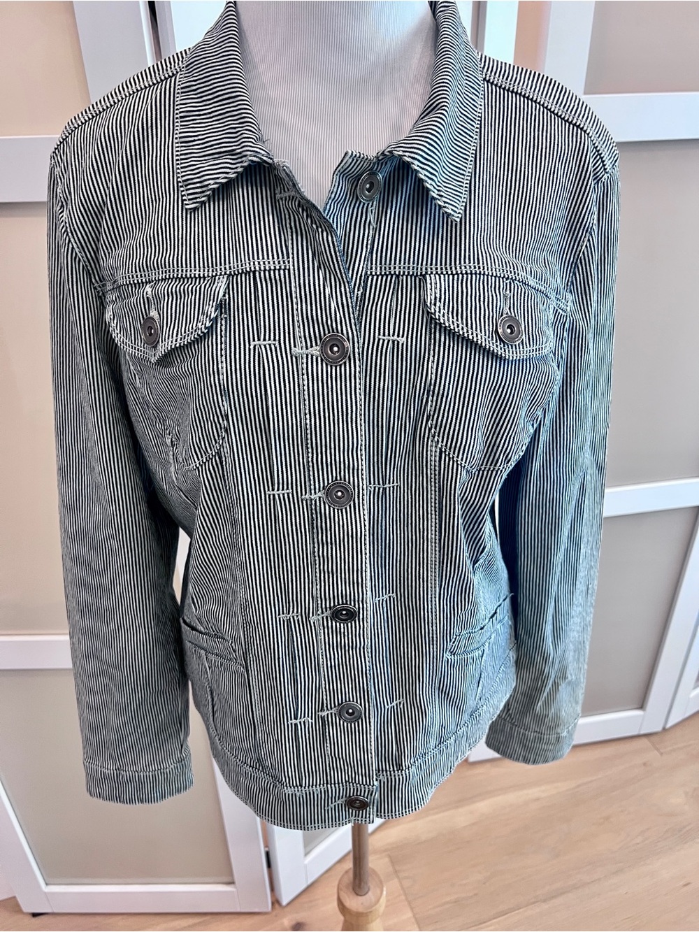 Baccini Railroad Pinstripe Denim Jacket woman’s Sz -Large